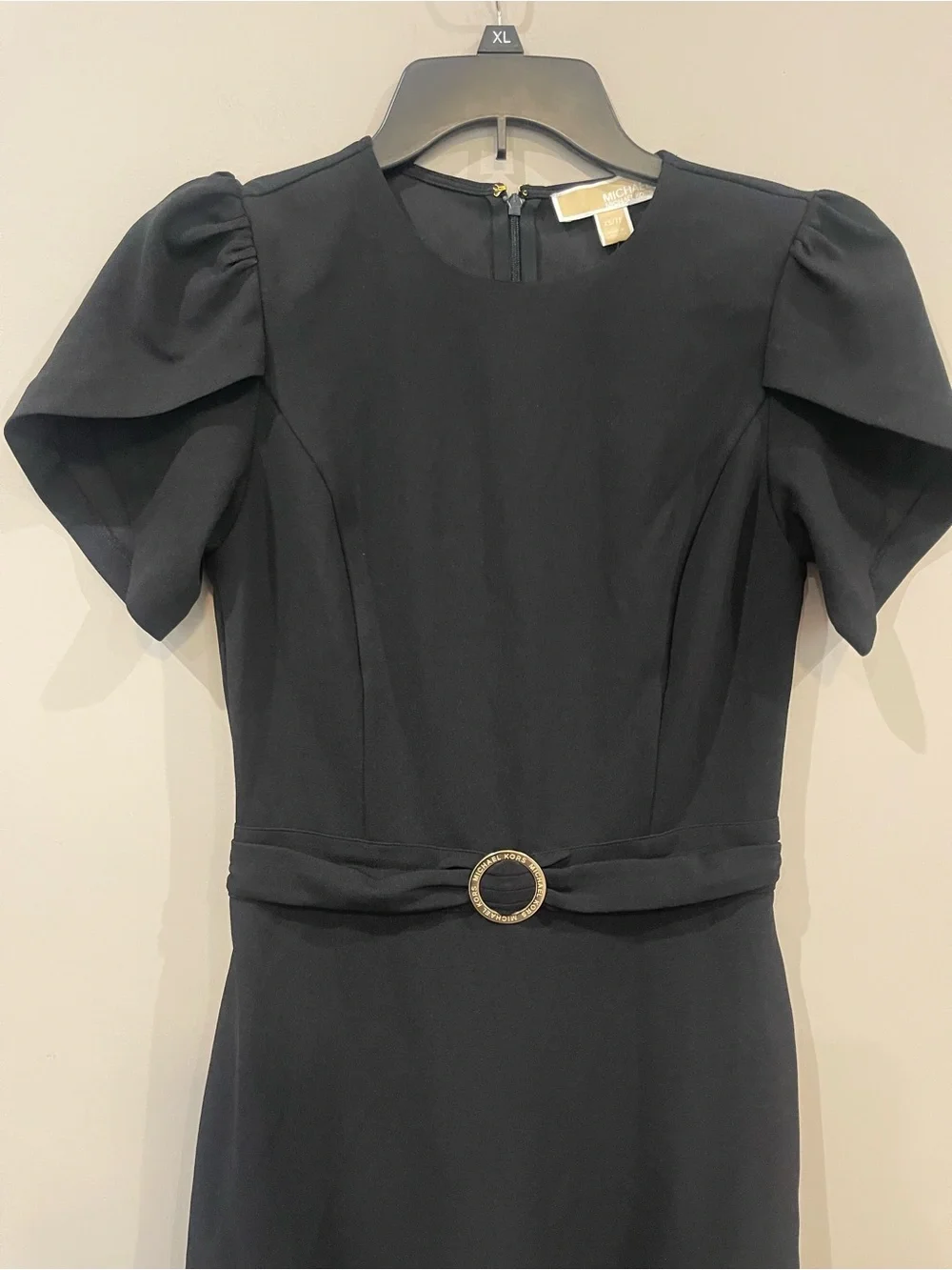 Michael Kors Black Midi Dress with Puff Sleeves and Decorative Belt